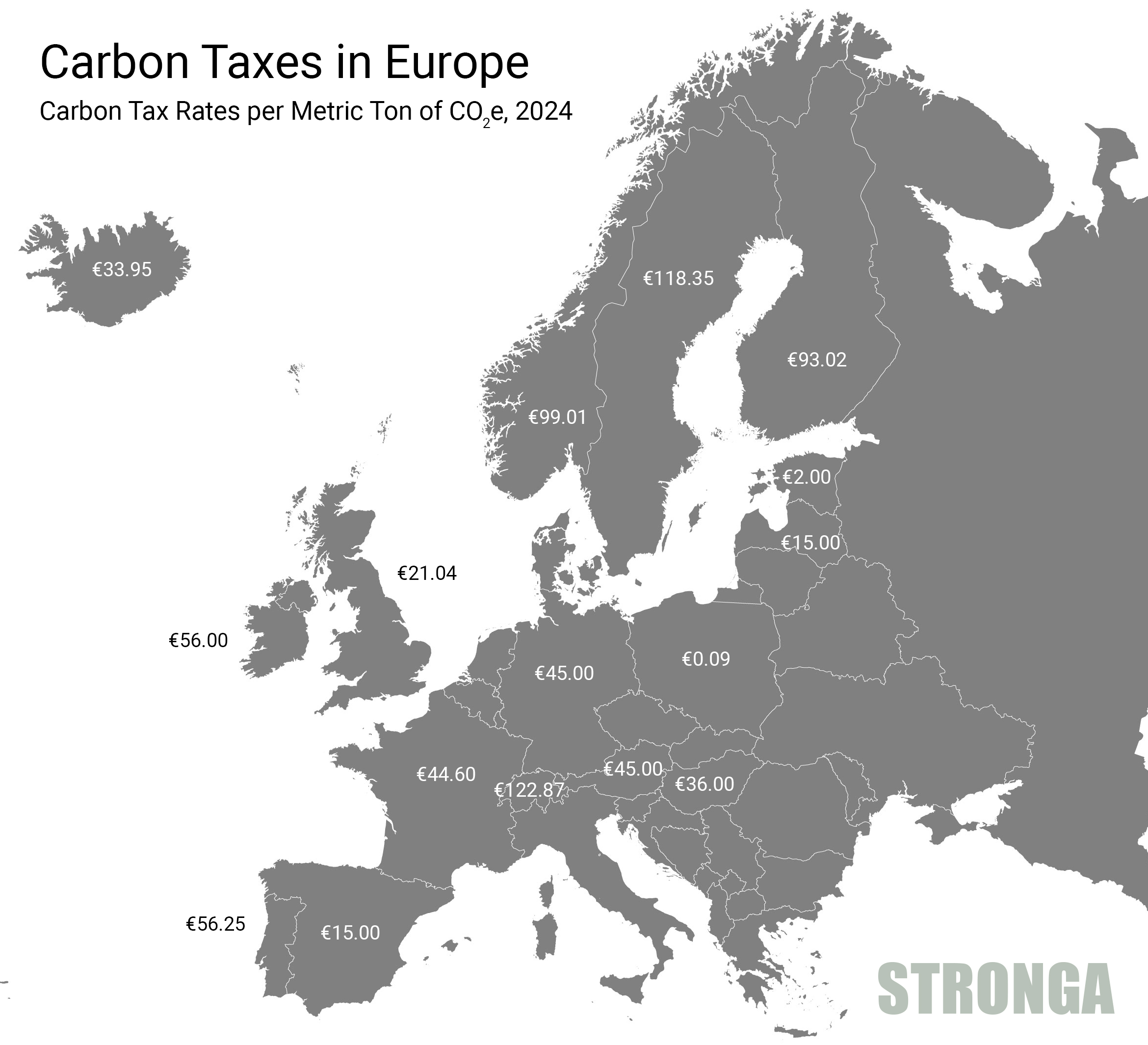 Carbon taxes across Europe map