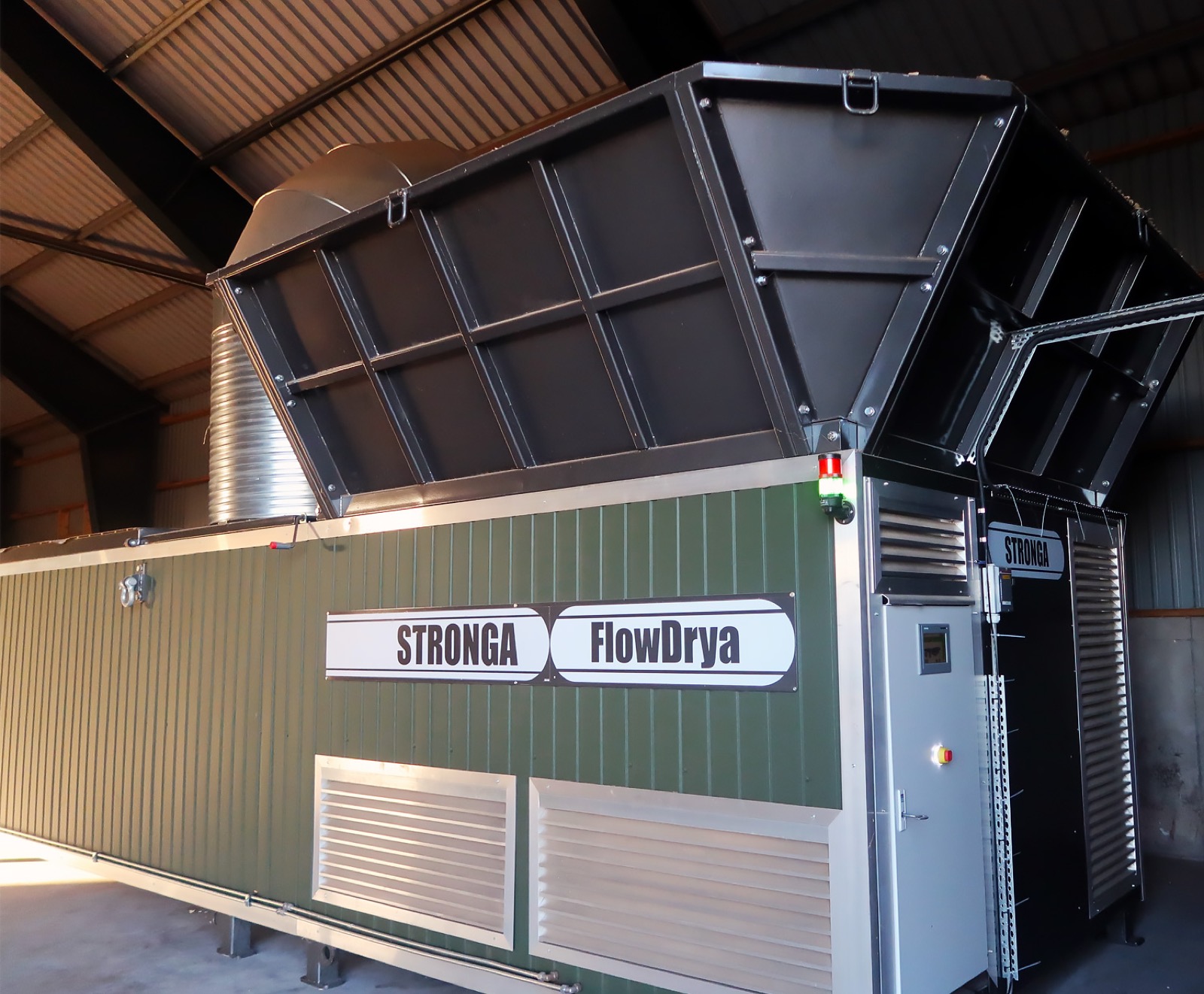 STRONGA FlowDrya miscanthus dryer installed in an on-farm shed ready for operation