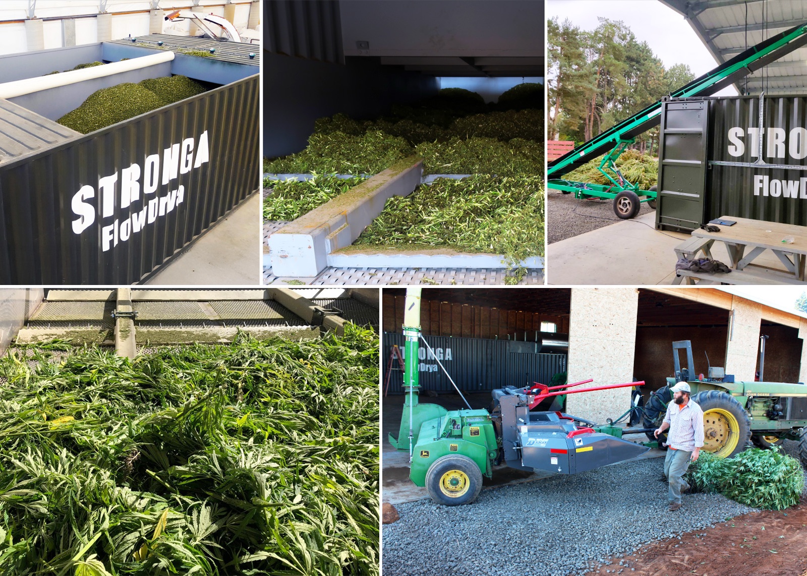 Collage of FlowDrya hemp drying installations: dryer floor with hemp, interior loading, container-mounted unit, hemp piles, and tractor delivery