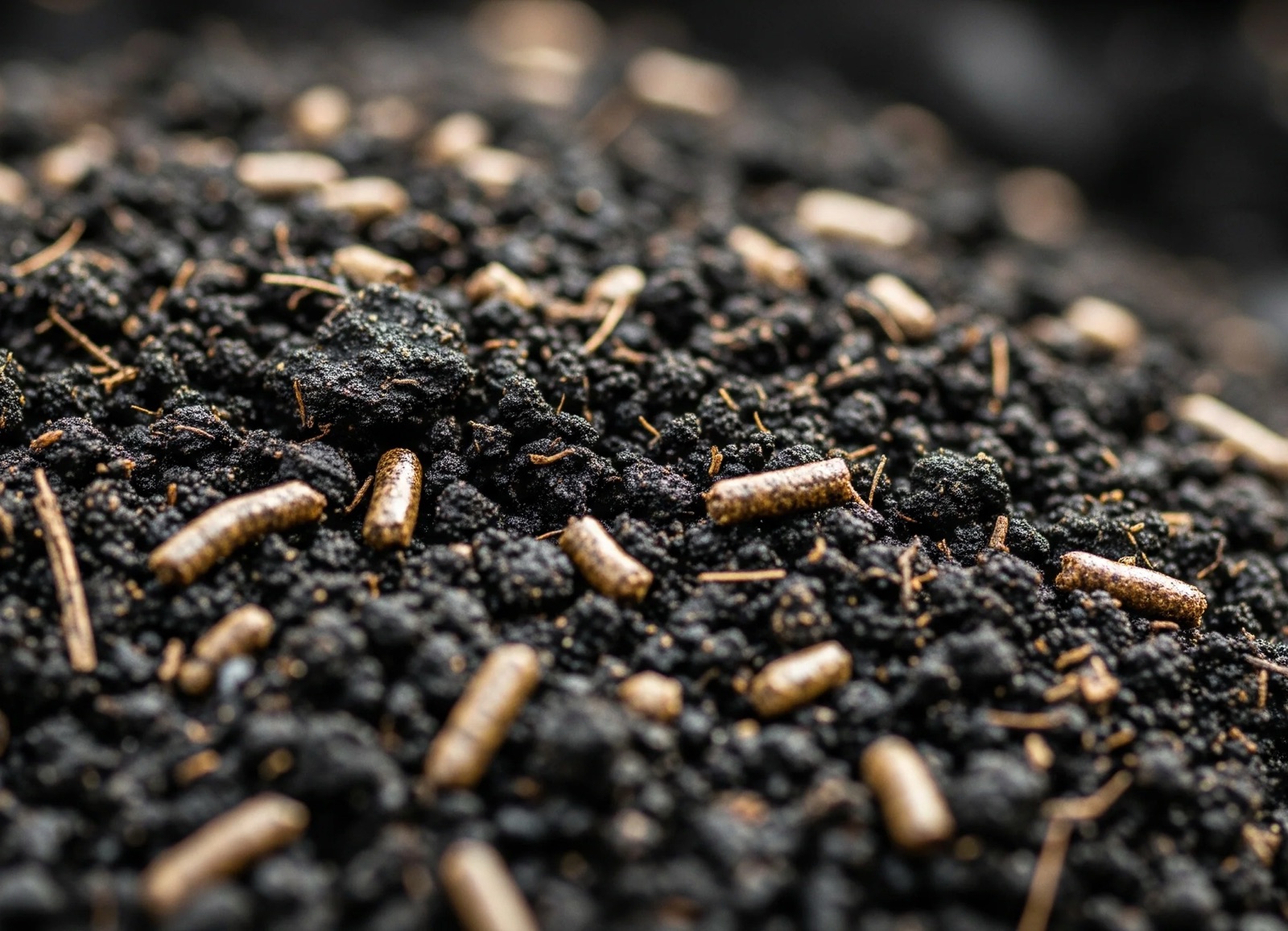 Close-up of Black Soldier Fly frass with larvae visible — the nutrient-rich by-product of BSF waste recycling